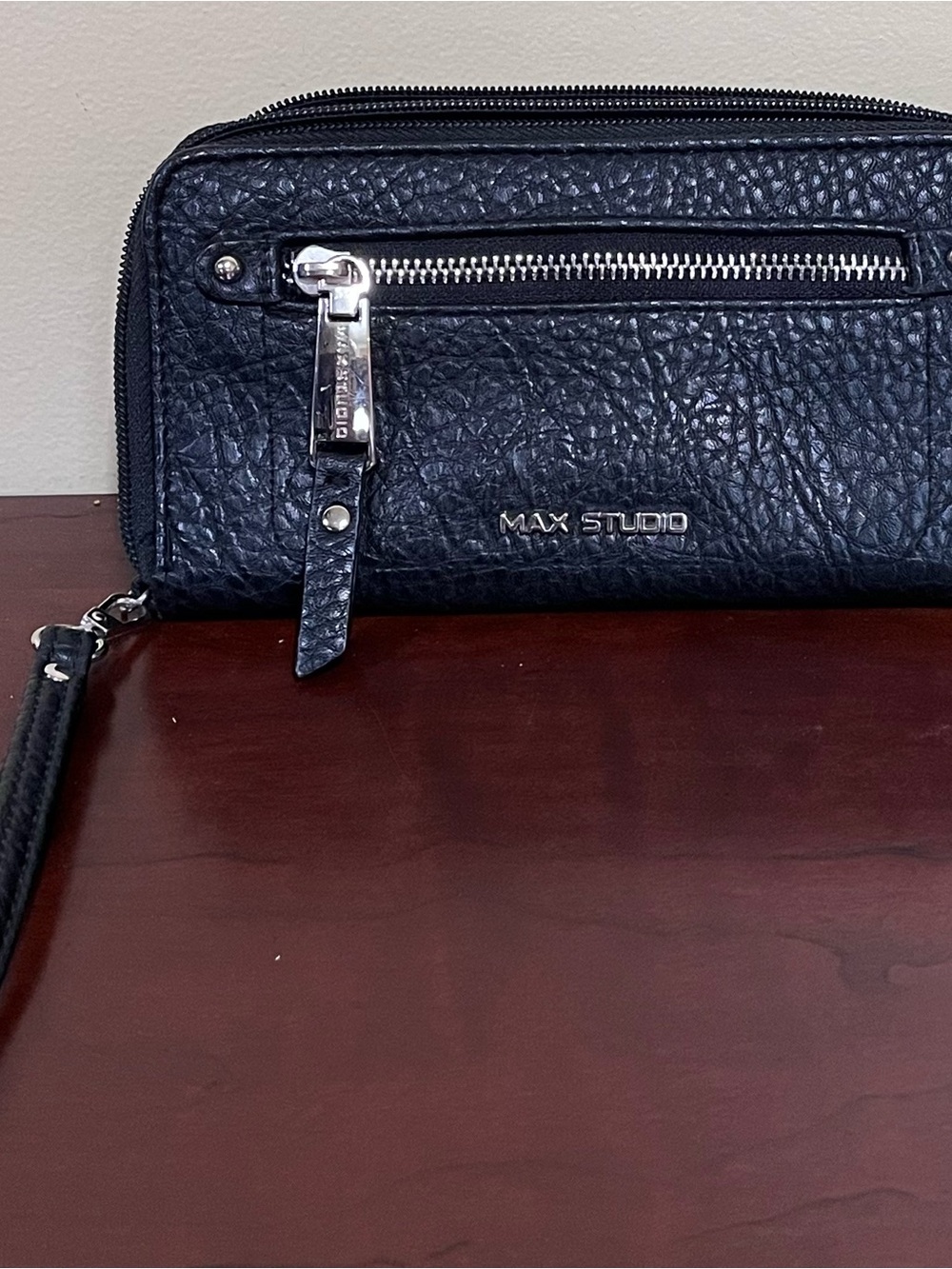 Max Studio Black Pebbled Leather Wristlet with Silver Hardware